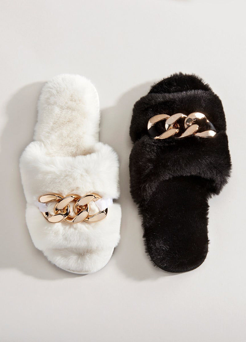 Furry Slippers with Gold Chain